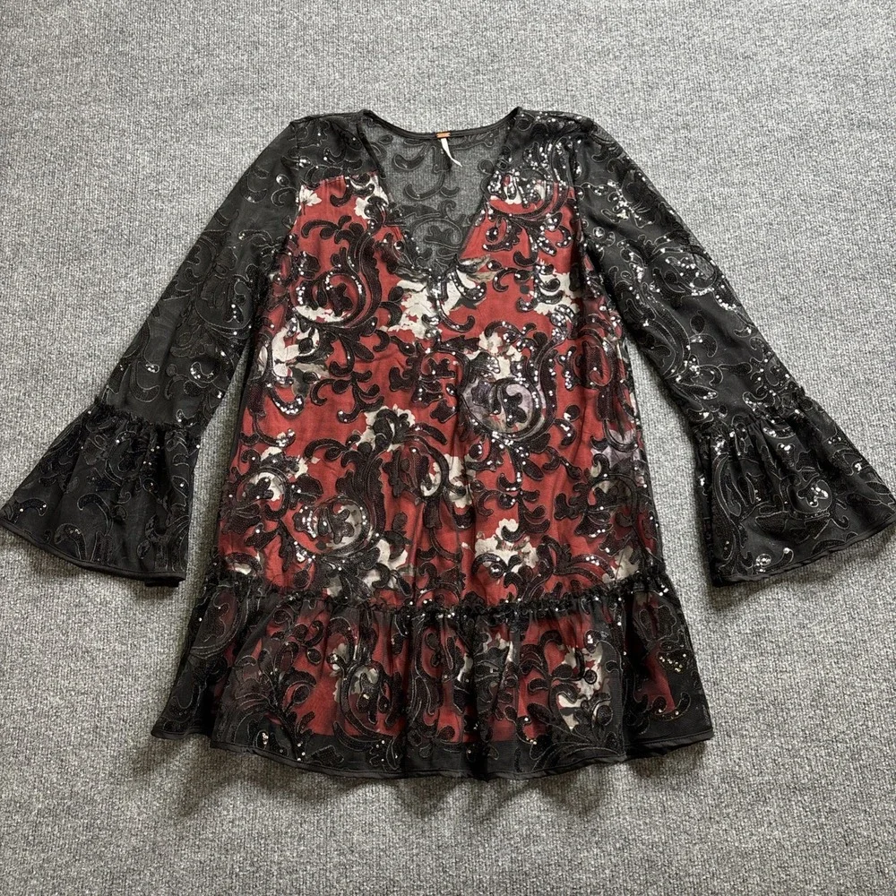 Free People Falling Flowers Frock Mini Dress Red Black Sequins Oversized Size XS